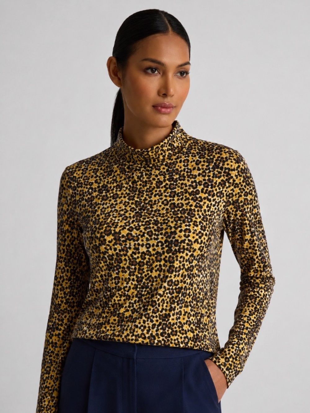 St. John Leopard Print Mock Neck Stretch Knit Top Gold Black Women Size XL